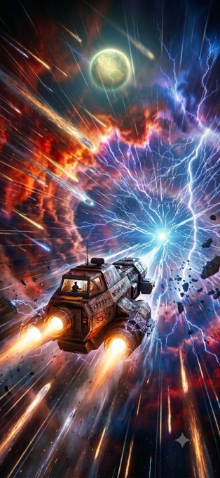 A dramatic sci-fi illustration of a spaceship flying through space with bright engine thrusters, surrounded by lightning-like energy and streaks of light, with a glowing planet in the background.