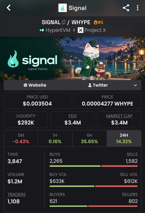 Crypto tracker app showing the token SIGNAL at $0.003504 USD with $292K liquidity and $3.4M market cap.
