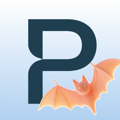 Logo featuring a stylized dark teal letter 'P' with an orange cartoon bat flying in front of it against a light blue background.
