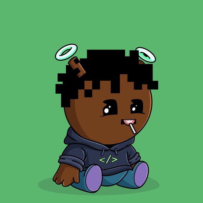 A cartoon illustration of a dark-skinned child with pixelated hair and halo-like rings, wearing a dark hoodie with '</>' code symbols, sitting against a green background.