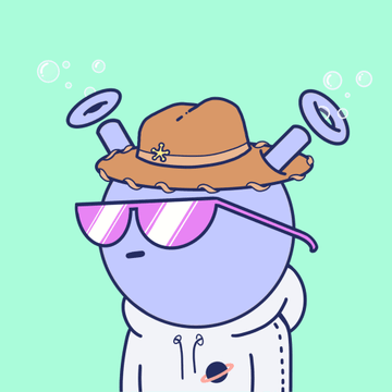 A cute purple cartoon character with antennae sports an orange bucket hat adorned with a small flower, pink-tinted sunglasses, and a white hoodie featuring a planet design—matching the playful "Hoodie Punk" NFT collectible the post celebrates. The character's quirky, cosmic style complements the whimsical vibe of the floor-priced digital apparel purchase.