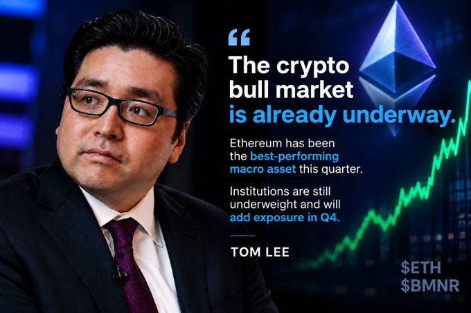 Tom Lee is shown alongside a quote stating 'The crypto bull market is already underway,' highlighting Ethereum ($ETH) and BMNR as the best-performing macro assets, with an upward stock chart and Ethereum logo in the background.
