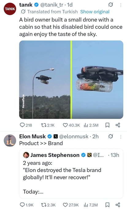 A Twitter account, "@taniaktr", shares a news article about a bird owner building a small drone with a cabin that accommodates his disabled bird once again the taste of the sky.