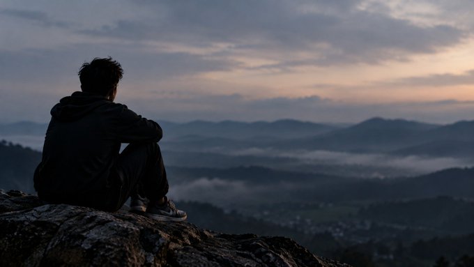 A silhouette of a person in a hoodie sits on a rocky outcrop looking out over misty mountains and a valley at dusk or dawn.