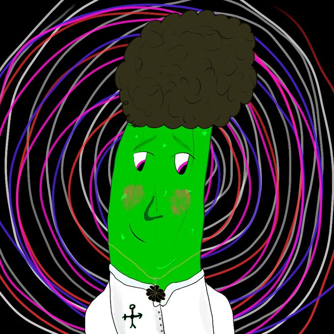 A cartoon character with a green pickle-like face, brown afro, and clerical white outfit featuring a cross necklace and flower medallion appears against a psychedelic swirling background of red, blue, pink, and silver lines. The image serves as a quirky avatar accompanying a "GM CT" (Good Morning Crypto Twitter) post celebrating consistency and new week motivation in meme culture.
