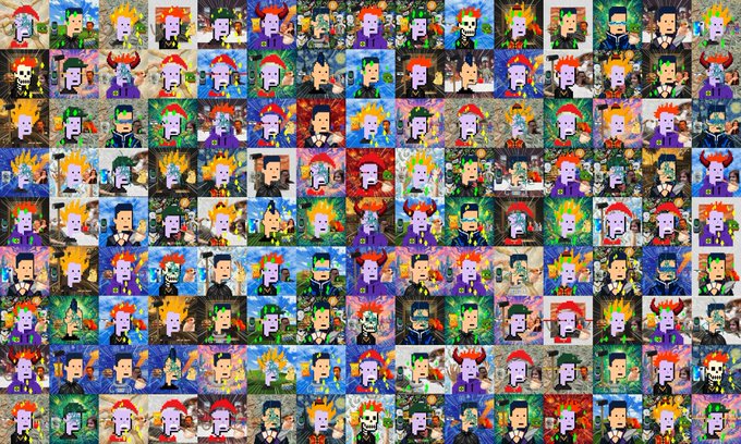 A colorful grid of pixel-art CashPunks NFT characters fills the image, matching the promotional post for a free CashPunks mint. It advertises 5 guaranteed spots and 15 allowlist spots, with a 10,000-NFT supply on OpenSea and the Robinhood chain.