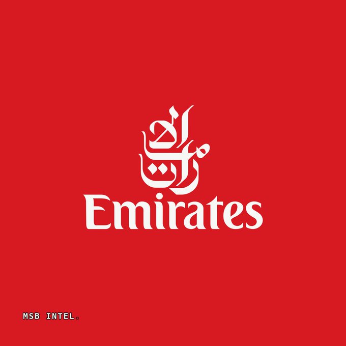 The Emirates airline logo featuring white Arabic calligraphy and the 'Emirates' wordmark on a red background, with 'MSB INTEL.' text in the bottom left corner.