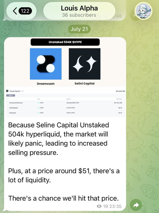 A Telegram post by Louis Alpha dated July 21 predicts bearish pressure on $HYPE due to Selini Capital unstaking 504k HYPE, noting the $51 price level holds significant liquidity. This image illustrates the user's earlier bearish warning on Hyperliquid, which they claim most dismissed at the time.