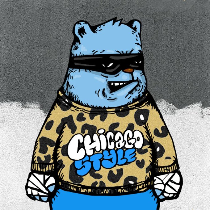 A cartoon illustration depicts a blue bear character wearing a black bandana, gold chain, and a leopard-print 'Chicago Style' sweater, standing against a gray textured wall.