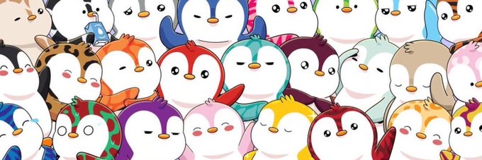 A colorful illustration featuring a crowded group of cute cartoon penguin characters in various colors and styles, all with closed eyes and peaceful expressions.
