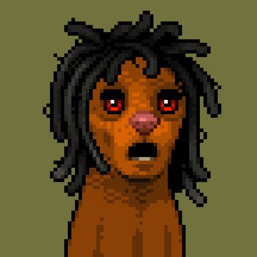 A pixel art character with dark dreadlocks, red eyes, and an orange-brown complexion is shown against an olive background. The image appears to be the "Rasta MOB" NFT avatar being referenced in the post about the Mongs NFT collection migrating or "teleburning" to Bitcoin.