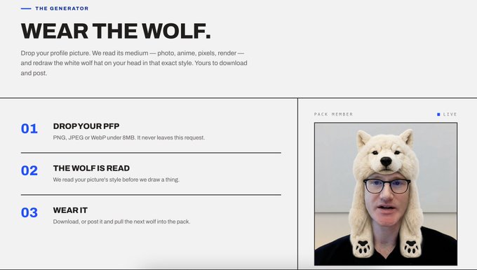 A web page titled 'THE GENERATOR' with the headline 'WEAR THE WOLF.' instructs users to drop a profile picture (PNG, JPEG or WebP) to have a white wolf hat digitally added in their style, with a preview showing a person wearing a knitted wolf hat.