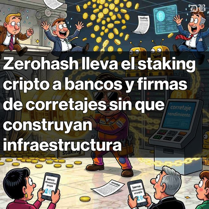 A colorful cartoon image with Spanish text reads 'Zerohash lleva el staking cripto a bancos y firmas de corretajes sin que construyan infraestructura,' depicting animated bankers, gold coins, and crypto-themed characters in a bank vault setting with 'corretaje rendimiento' and 'staking' visible on machines.
