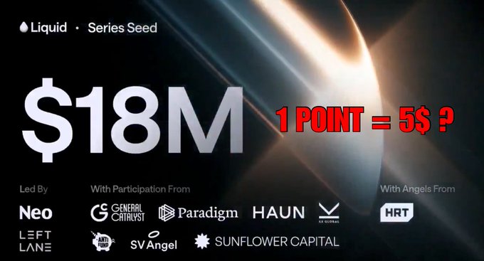 The image announces a **$18M Series Seed** funding round for **Liquid**, led by **Neo** and **Left Lane**, with participation from **General Catalyst, Paradigm, Haun Ventures, SVAngel, Sunflower Capital**, and angels from **UAE Victorias, Anti Fund, and HRT**—providing the valuation backdrop for the post's FDV-based point valuation scenarios ($1.67–$25 per point).
