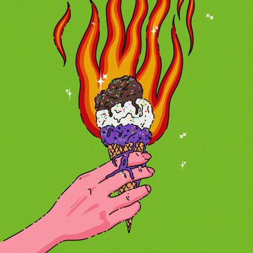 A hand holds a flaming ice cream cone with three scoops—chocolate, vanilla, and purple—against a bright green background with sparkle accents, fitting the "Never Without" theme. The artwork connects to the post by symbolizing a bold, always-with-you indulgence, now available as a 10x minted piece on the WAPSHOP_ETH collection.