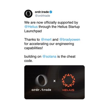The image features a Twitter post promoting an initiative by @ordrtrade that supports teams named @helius and @jito_sol with an exclusive access code, enabling them to be among the first in line for quote updates from @celius. The text of the tweet encourages people to "Thanks to @mert and @bradywayneen, we are now officially supported by #HeliusStartup #Launchpad".