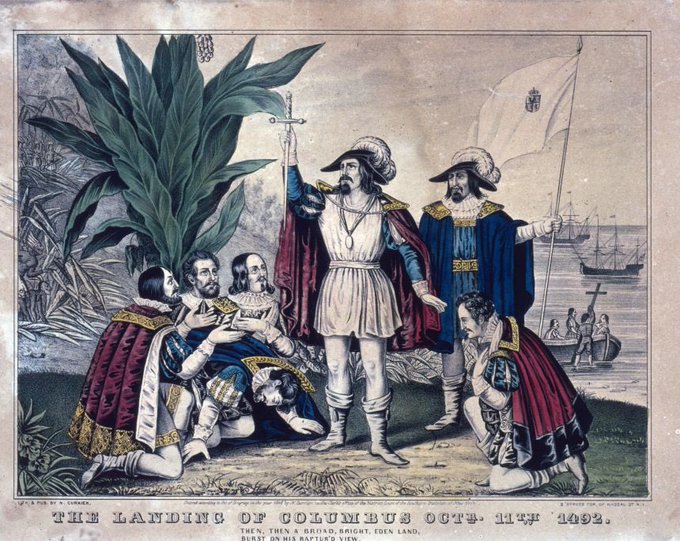A historical lithograph titled 'THE LANDING OF COLUMBUS, OCT. 11TH 1492' depicting Columbus raising a cross upon arrival in the Americas, surrounded by his men.