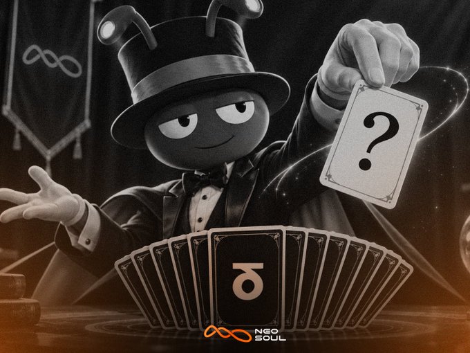 A monochrome, noir-style cartoon mascot in a tuxedo and top hat presents a question-mark card above a fan of cards, with an infinity logo and the text “NEO SOUL” at the bottom. The mysterious card imagery visually underscores the post’s claim that NeoSoulAI added another 100K DNA tokens to the StandX airdrop, worth roughly 2 WU.