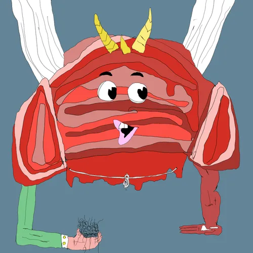 A cartoon illustration of a red, layered, meat-like monster with white wings, yellow horns, a protruding purple tongue, and a thin green arm holding a small cluster of dark blue berries.