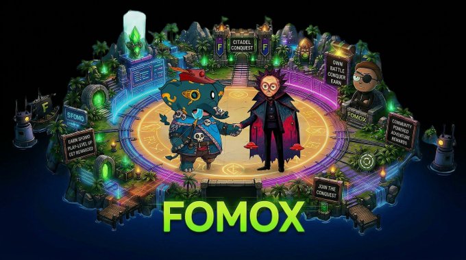 Promotional artwork for the FOMOX crypto/citadel conquest platform, featuring two animated characters shaking hands in a magical arena setting with various game zones labeled.