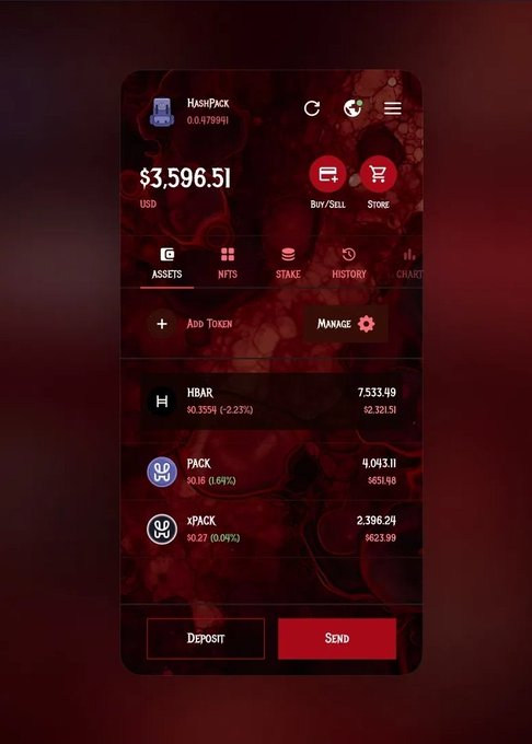 A mobile cryptocurrency wallet interface called 'HASHPACK' displaying a total balance of $3,596.51 USD, with assets including HBAR ($7,533.49), PACK (4,043.11), and xPACK (2,396.24).