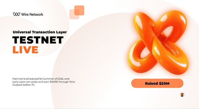 The image shows a screenshot of a website called "Testnet Live". The main focus of the image is an orange sculpture, which appears to be a 3D rendering of a ring or a looped shape. The text above the image reads "Universal Transaction Layer Testnet Live", and below it there are two circles with different colors: one red and one white. The website's title is written in black text at the bottom of the image.