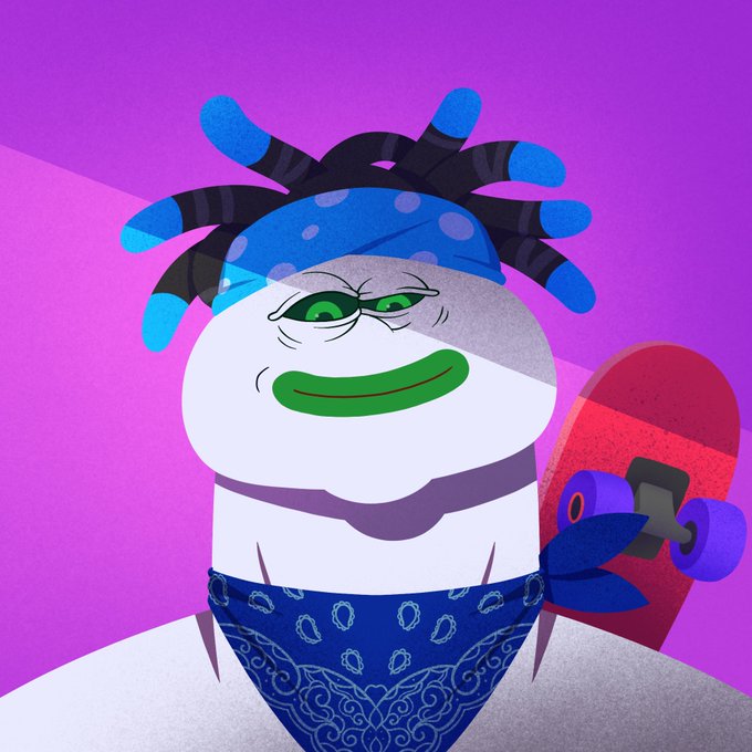 A cartoon illustration of a chubby character with dreadlocks, a blue bandana, a green mouth, and a bandana around their waist, holding a red skateboard against a purple background.