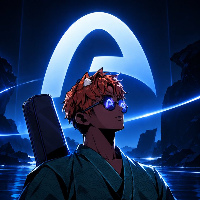 Anime-style digital illustration of a red-haired character wearing blue reflective sunglasses with glowing eyes, a small white cat on their head, and a teal robe, set against a blue sci-fi background with a large stylized logo resembling the symbol from another universe.