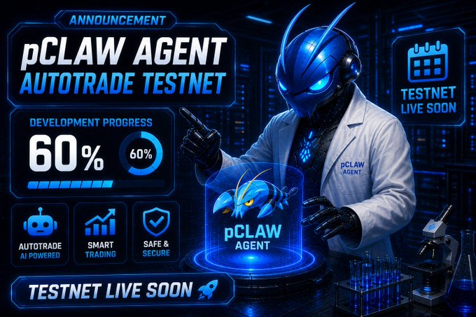 The image features a man dressed as a robot wearing a blue suit, holding up a phone that appears to be an Autotrade Agent Robot. The background of the image shows several technical symbols representing trade execution software or AI trading systems. The image also contains a text saying "pCLAW agent" and an information about the progress in developing the Autotrade Agent Testnet.
