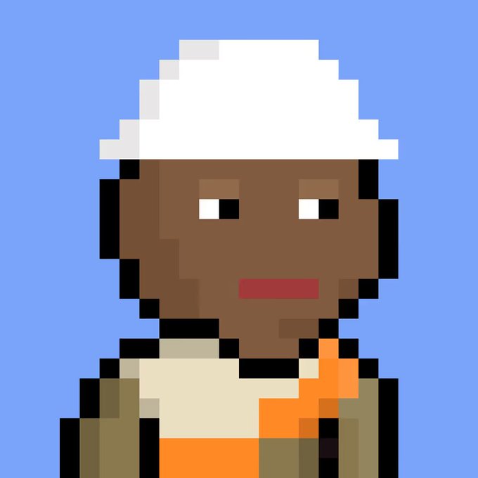 A pixel art illustration of a character with dark skin, wearing a white hard hat and an orange safety vest against a light blue background.