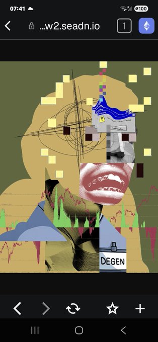 The image shows a cell phone screen with an app called "W.2Seadin.io". The app has a picture of a person's face, which appears to be a collage or mixed media piece featuring various elements such as a house, a car, and a boat. The background is green, and the text on the image reads: "THIS IS MY @R3ORDR AND MY R3ORDR IS ME."