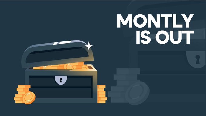 A digital illustration shows an open treasure chest filled with gold coins beside the bold white text "MONTLY IS OUT," promoting the August Monthly Bonus available on stake.com. The accompanying caption invites users to claim the bonus via the provided link.