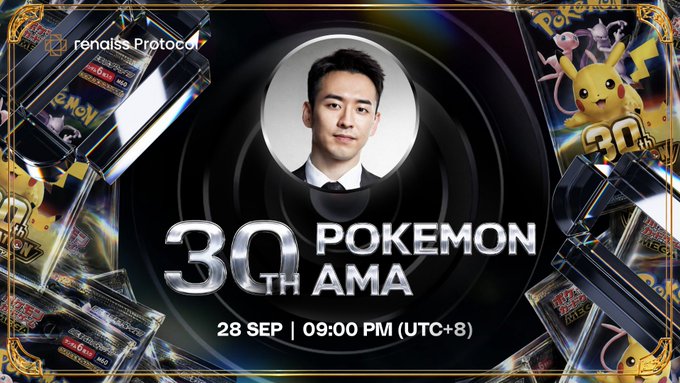 An event banner for a 30th Pokemon AMA hosted by renaiss Protocol, featuring a man's portrait, Pikachu, Pokemon card imagery, and the date '28 SEP | 09:00 PM (UTC+8)'.