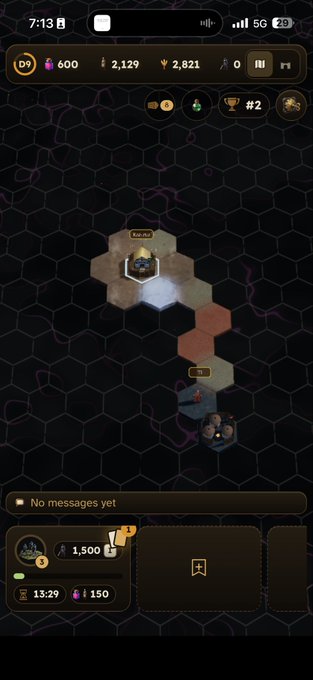 A screenshot of a mobile hex-based strategy game showing a dark map with units, resources including 600 purple gems and 2,129 gold, and a bottom interface with a 13:29 timer.