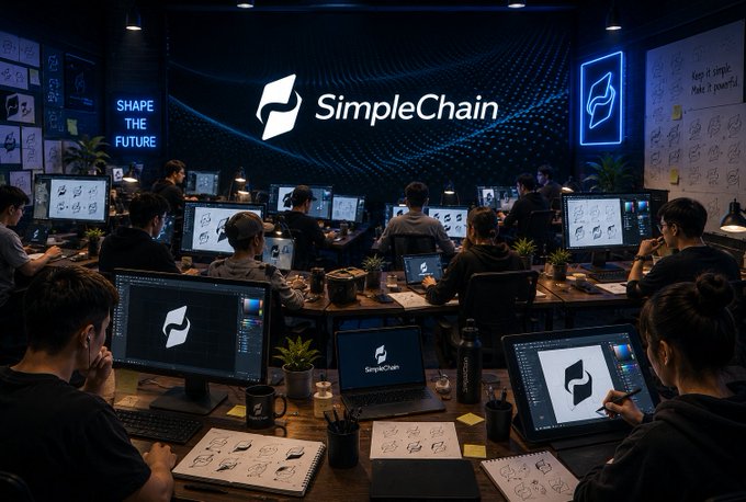 A bustling design studio with numerous artists working at computers and drawing tablets, with 'SimpleChain' prominently displayed on the main screen, surrounded by 'SHAPE THE FUTURE' and 'keep it simple, make it powerful' text.