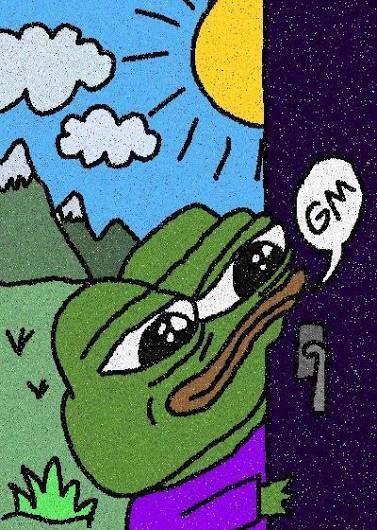 An illustration of the sad Pepe the Frog meme with large teary eyes, set against a landscape background, with a 'GM' speech bubble, referencing crypto culture.