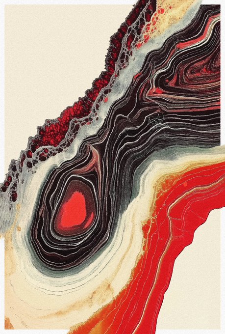 An abstract fluid art piece featuring swirling patterns of red, black, white, and cream colors with marbled textures and a distinctive red eye-like shape.