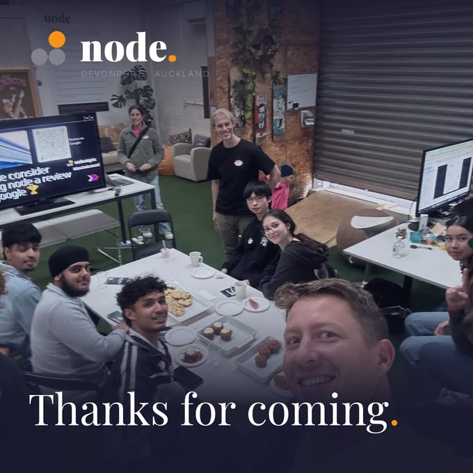 A group photo of people gathered at an event space with a 'node DEVONPORTS AUCKLAND' logo at the top and 'Thanks for coming.' text overlaid at the bottom.