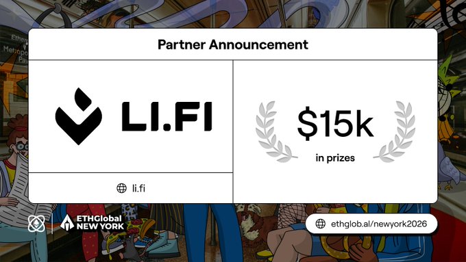 The image is an advertisement for a partnership between EthGlobal New York and LI.FI. The advertisement features two logos that are placed side by side against each other with a price tag below them, displaying that the two organizations will be exchanging $15k in prizes. The advertisement also includes some information about Composer, which is a software used to create multi-step onchain workflows into one atomic flow and has been highlighted as something of interest for build consumers or agentic execution layers.
