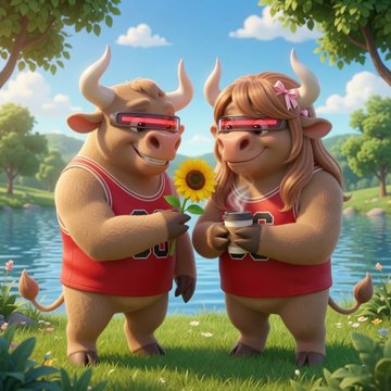 A 3D cartoon illustration of two anthropomorphic bulls wearing red basketball jerseys and sunglasses, one holding a sunflower and the other a coffee cup, in a park setting.
