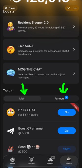 A screenshot of a crypto rewards app or bot interface with sections for Boosts like 'Resident Sleeper 2.0' and '+G7 AURA', and Tasks including '67 IQ CHAT' and 'Boost G7 channel', with green arrows pointing to 'Main' and 'Partners 2'.