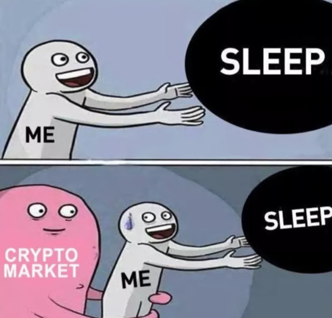The image shows a cartoon character holding up a large black ball with the words "SLEEP" written on it. The caption below the image reads, "unpopular take: sleep quality is one of the most consistent alpha leaks in crypto. the people making the worst decisions on chain are almost always the most sleep deprived."
