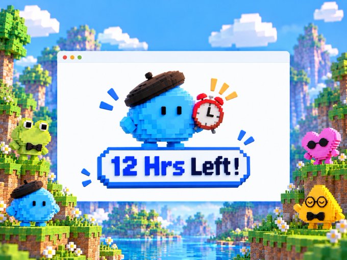 A Minecraft-style promotional graphic featuring a blue blob character wearing a beret next to a ringing alarm clock, with text reading "12 Hrs Left!" displayed in a computer window against a pixelated landscape.