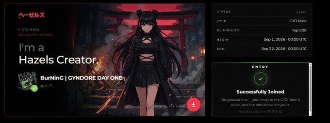 A webpage shows an anime-style female character with black hair and a red torii gate background. Text reads 'I'm a Hazels Creator', 'BurnNing | GYNDORE DAY ONE', and indicates successful entry into a 'CTD Race' with dates Sep 1, 2026 to Sep 22, 2026.