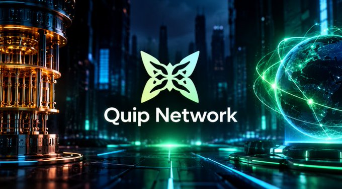 A promotional graphic for 'Quip Network' featuring a stylized butterfly logo set against a futuristic cityscape with a quantum computer and glowing globe.