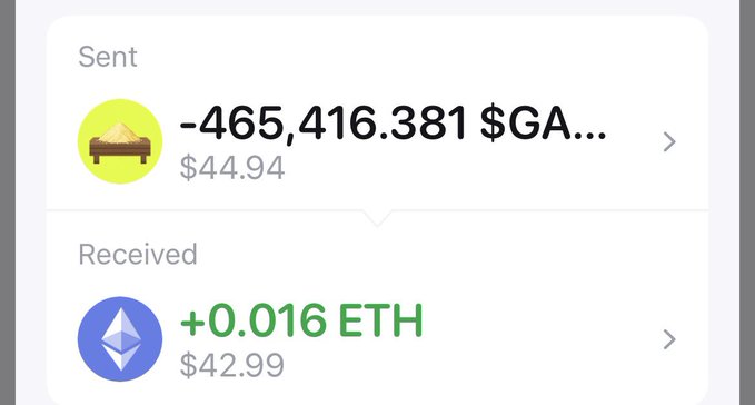 A crypto wallet transaction screenshot shows a 'Sent' amount of '-465,416.381 $GA...' worth $44.94, and a 'Received' amount of '+0.016 ETH' worth $42.99.