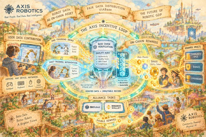 An illustrated infographic for AXIS ROBOTICS depicting 'THE AXIS INCENTIVE LOOP' with sections for User Data Contribution, Base Chain Verification, On-Chain Rewards, and Alliance Tasks.