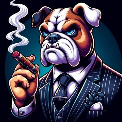 A digital illustration of an anthropomorphic bulldog wearing a pinstripe suit and tie, holding a lit cigar with smoke curling upward, with another cigarette in its pocket.