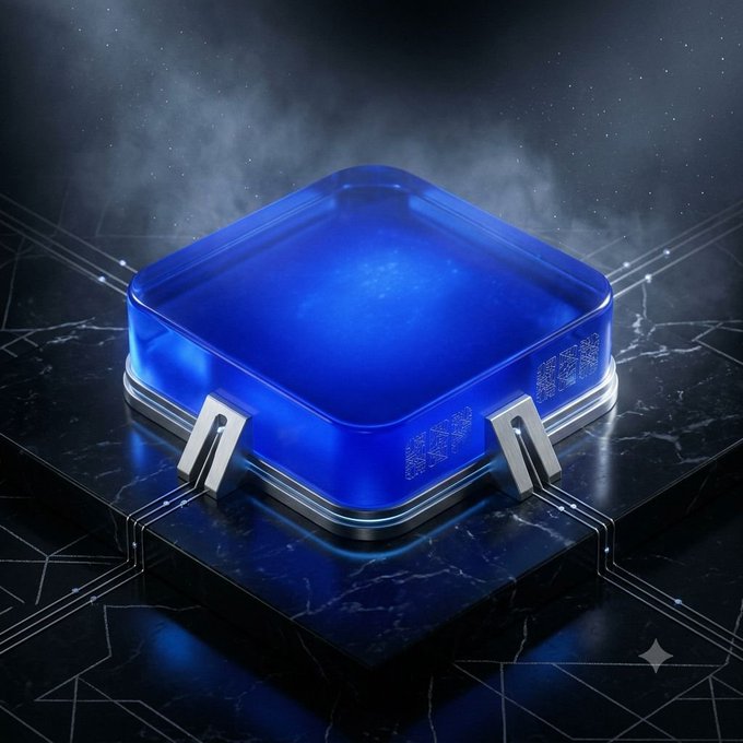 A futuristic 3D render of a glowing blue cube/server unit on a dark geometric platform with circuit-like patterns, emitting smoke or mist against a starry background.