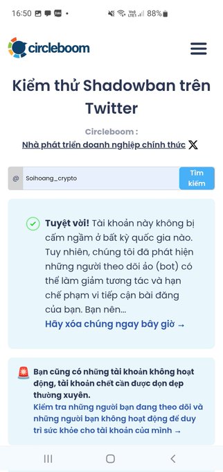 Circleboom Shadowban checker results in Vietnamese, showing a Twitter account (@Solhoang_crypto) is not shadowbanned but has detected bots and inactive followers to clean up.